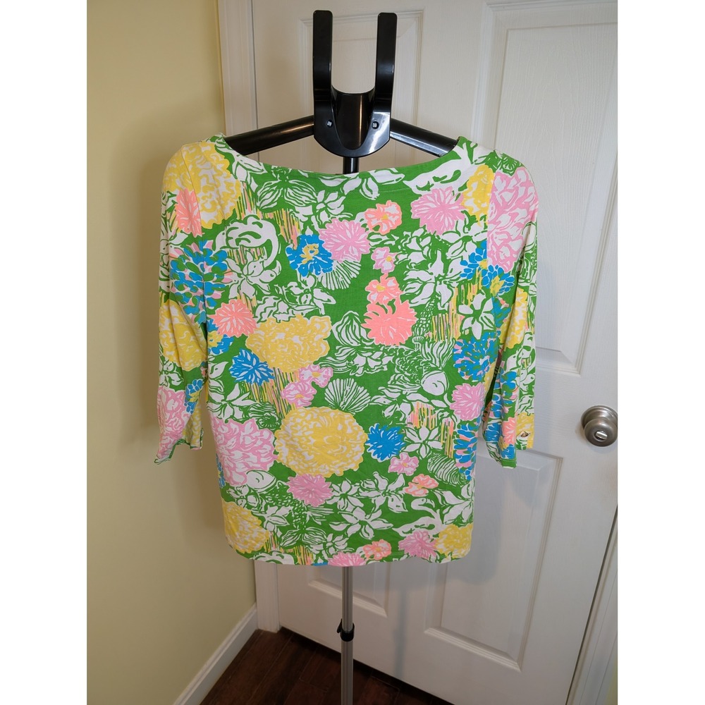 Lilly Pulitzer Boatneck Top Hibiscus Stroll Floral 3/4 Sleeve Knit - Size L - Picture 2 of 6